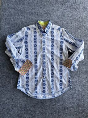 Robert Graham Blue White Southwest Print Long Sleeve Buttondown Shirt MEDIUM